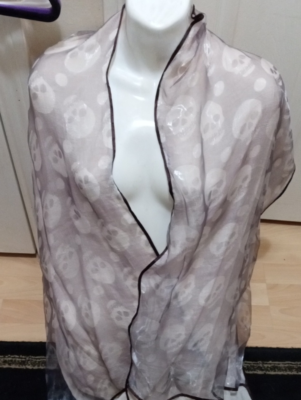 Lightweight Sheer Skull Print Shawl - Beige NWOT
